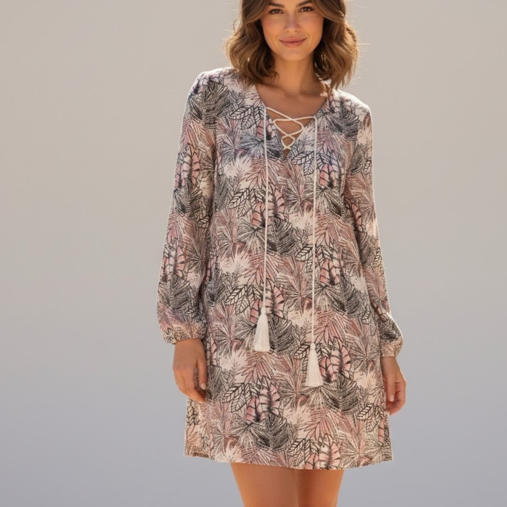 Entro Anthropologie tassel boho tunic Dress Tropical bohemian LARGE NEW